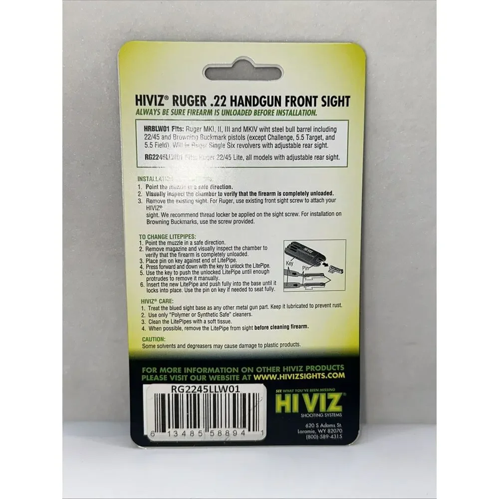 HiViz Fiber Optic Front Sight Kit System for Ruger 22/45 lite NEW Hi Viz